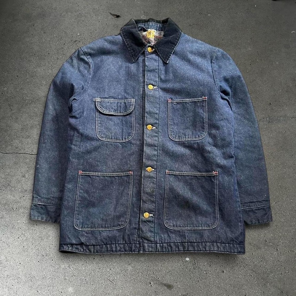 Vintage men's Wrangler Big Ben dark blue denim blanket lined chore jacket Size M - Picture 1 of 6